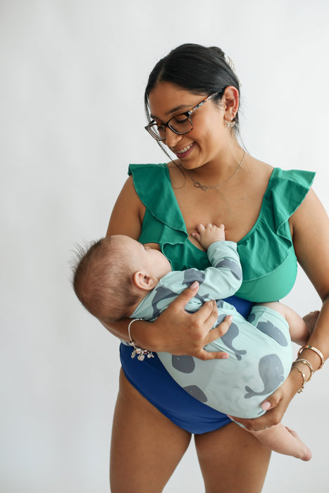 FINAL SALE Lace Up Ruffle Neck One Piece Breastfeeding Swimsuit - Blue/Green - Nature Baby Outfitter