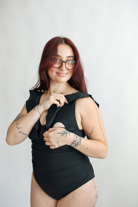 Lace Up Ruffle Neck One Piece Breastfeeding Swimsuit