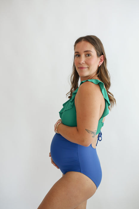 FINAL SALE Lace Up Ruffle Neck One Piece Breastfeeding Swimsuit - Blue/Green - Nature Baby Outfitter