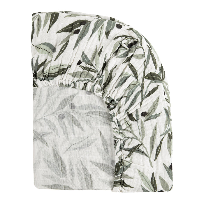 T28233,Babyletto,Olive Branches Muslin All-Stages Midi Crib Sheet in GOTS Certified Organic Cotton