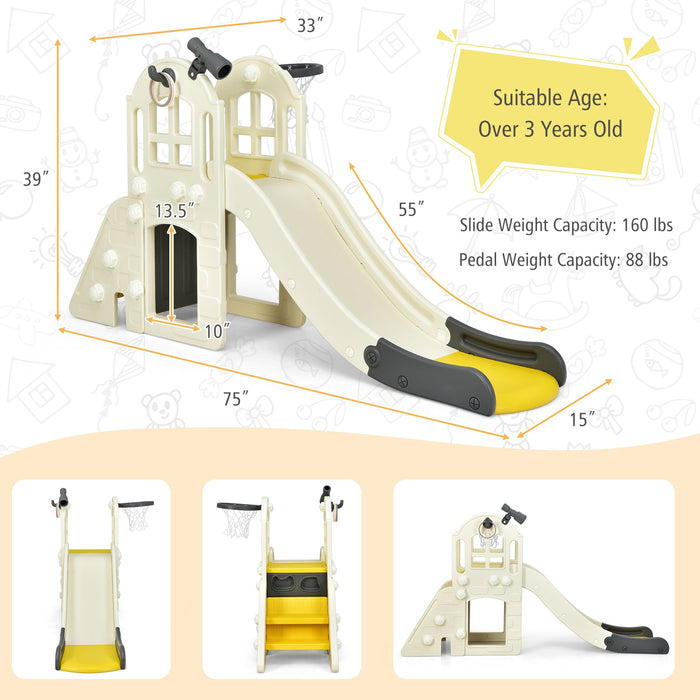 6-In-1 Large Slide for Kids Toddler Climber Slide Playset with Basketball Hoop-Yellow