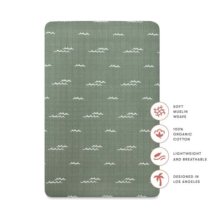T27136,Babyletto,Ocean Waves Muslin Mini Crib Sheet in GOTS Certified Organic Cotton