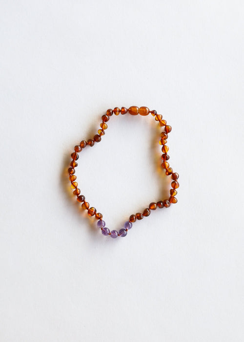 Polished Cognac Baltic Amber & Polished Amethyst Bead Necklace
