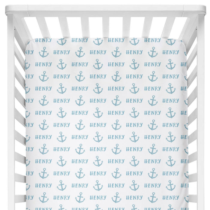 Personalized Crib Sheet - Anchor Blue | Sugar + Maple