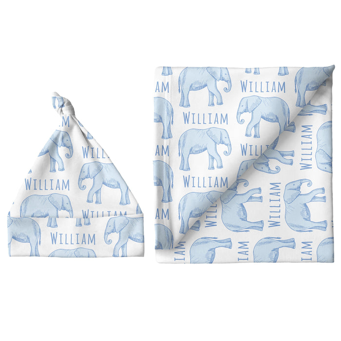 Personalized Small Blanket & Hat Set - Elephant Blue | Sugar + Maple