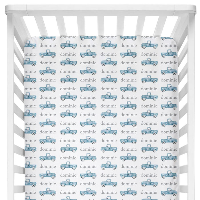 Personalized Crib Sheet - Truck Blue | Sugar + Maple