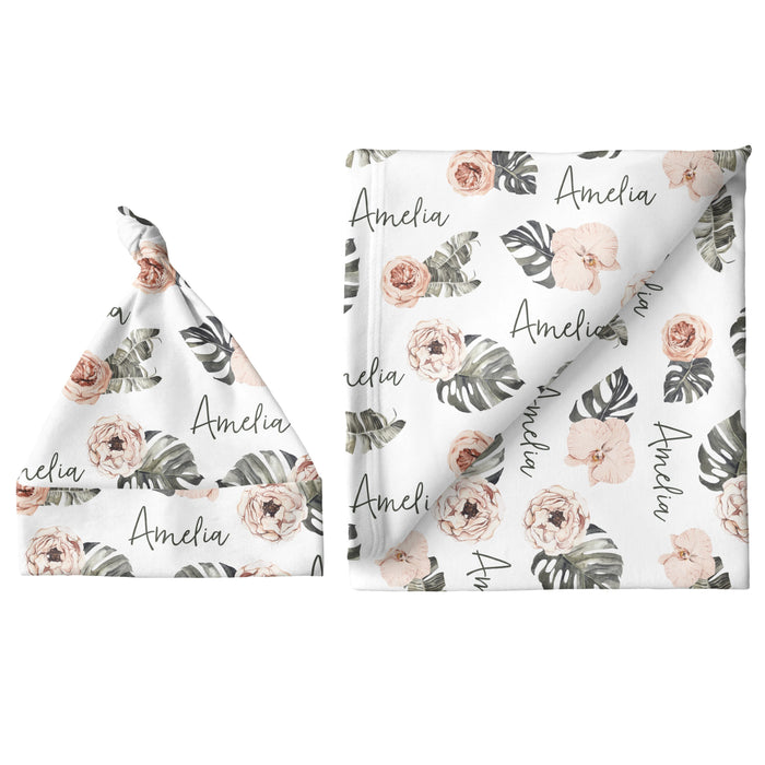 Personalized Small Blanket & Hat Set - Tropical Floral | Sugar + Maple