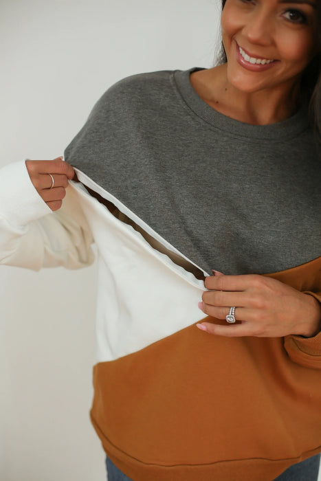 Camel/Heather Gray/White Crewneck Velour Interior Diagonal Zip Nursing Sweatshirt