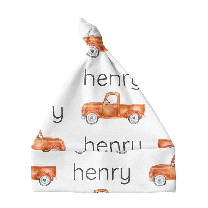 Personalized Knotted Baby Hat - Truck Orange | Sugar + Maple