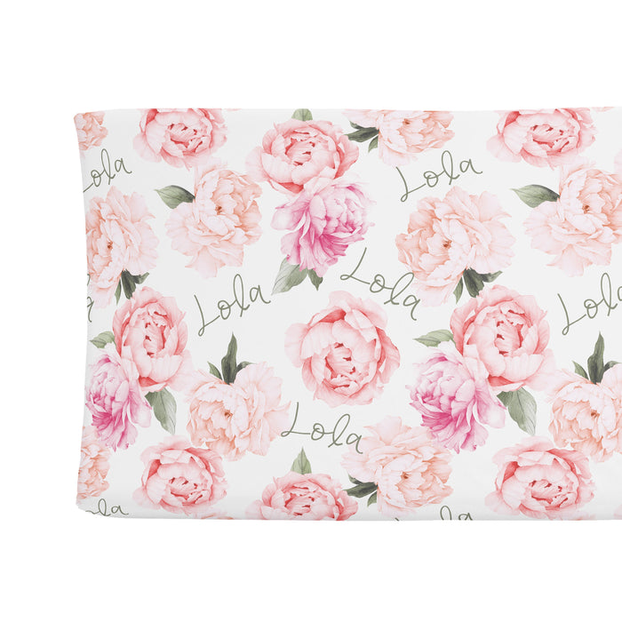 Personalized Changing Pad Cover - Peach Peony Blooms | Sugar + Maple