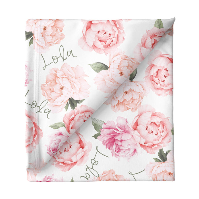 Personalized Small Stretchy Blanket - Peach Peony Blooms | Sugar + Maple