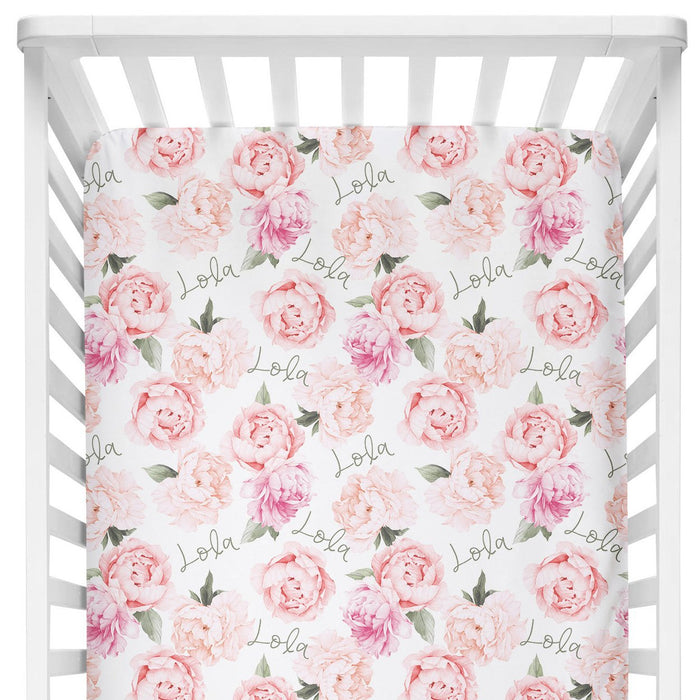 Personalized Crib Sheet - Peach Peony Blooms | Sugar + Maple