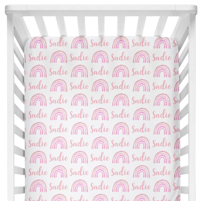 Personalized Crib Sheet - Rainbow Pink | Sugar + Maple