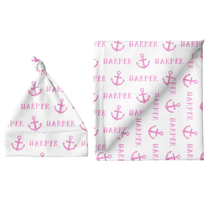 Personalized Large Blanket & Hat Set - Anchor Pink | Sugar + Maple