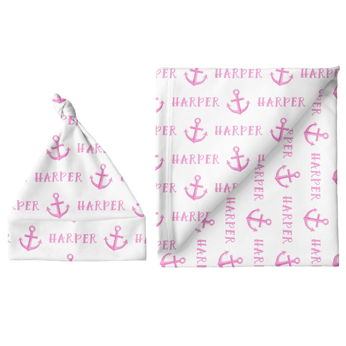 Personalized Small Blanket & Hat Set - Anchor Pink | Sugar + Maple