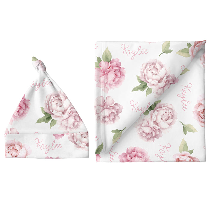 Personalized Small Blanket & Hat Set - Pink Peonies | Sugar + Maple