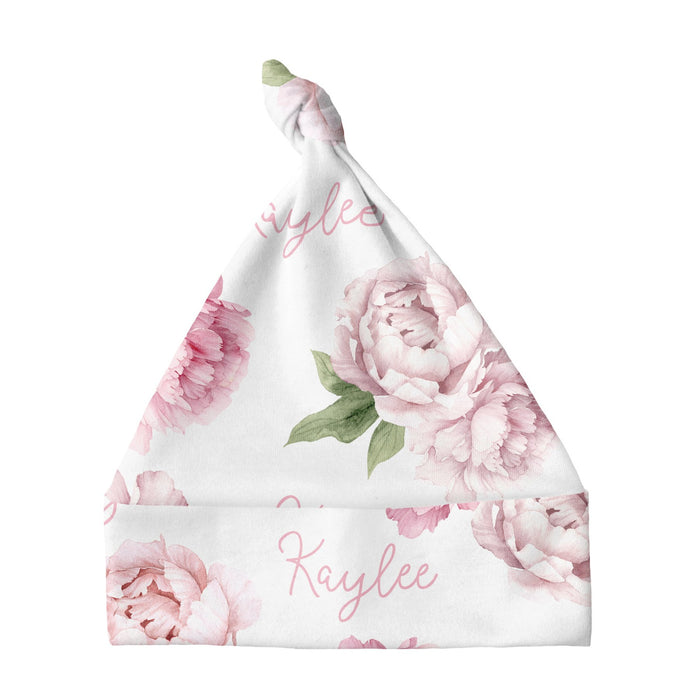 Personalized Knotted Baby Hat - Pink Peonies | Sugar + Maple