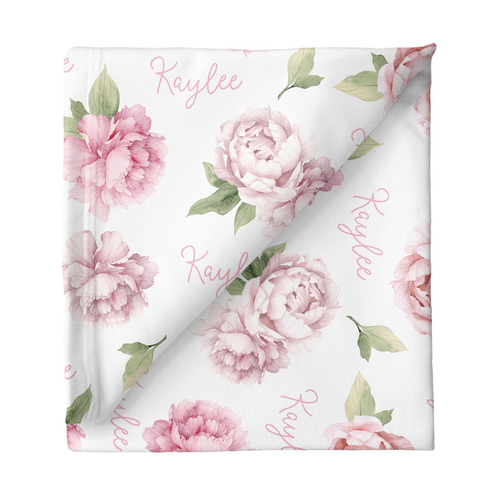 Personalized Small Stretchy Blanket - Pink Peonies | Sugar + Maple