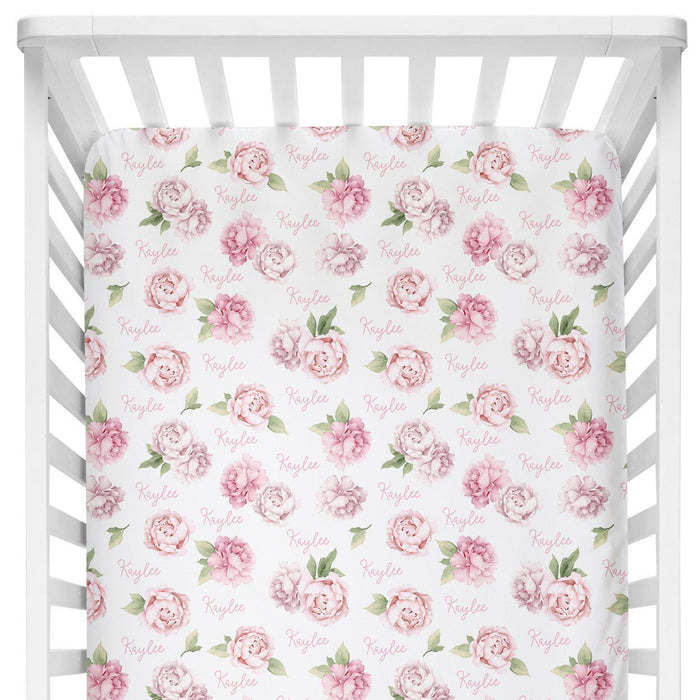 Personalized Crib Sheet - Pink Peonies | Sugar + Maple