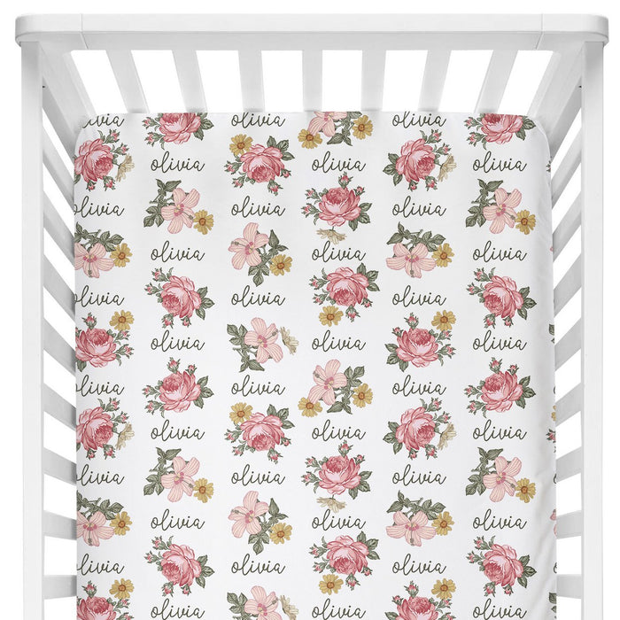 Personalized Crib Sheet - Retro Rose | Sugar + Maple